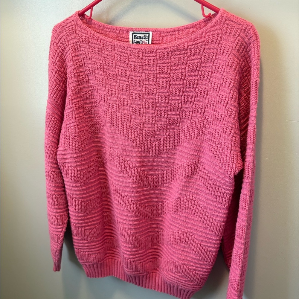 Vintage Kenneth Too! Plus Pink Knit Wide Neck Sweater Medium retro 80s